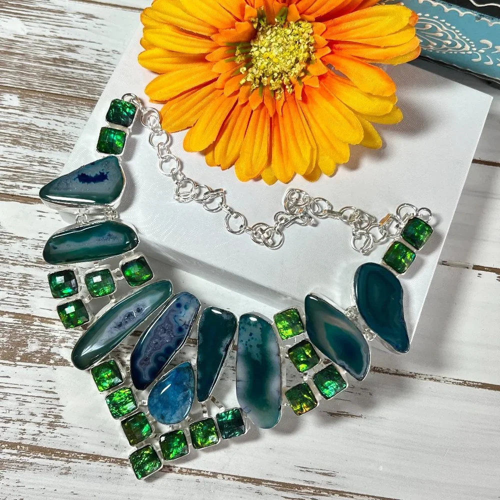 Solar Agate Necklace Triplet Opal Ocean Blue Large Handmade 925 Silver Boho New! - Picture 10 of 16